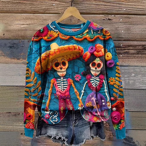 Art graffiti skeleton Halloween round neck loose hoodie