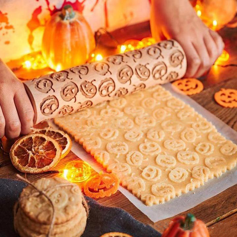 Halloween pumpkin print rolling pin, pumpkin head print rolling pin, Halloween themed wooden carving rolling pin
