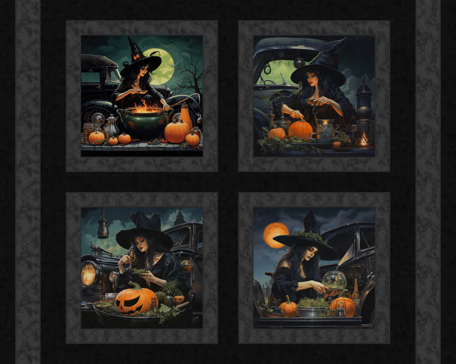Pumpkin Witch Pillow Panel Cotton Fabric